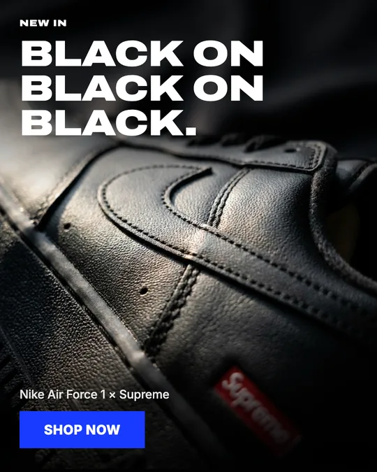 Sneaker store ad: Black on black on black. Button: Shop now