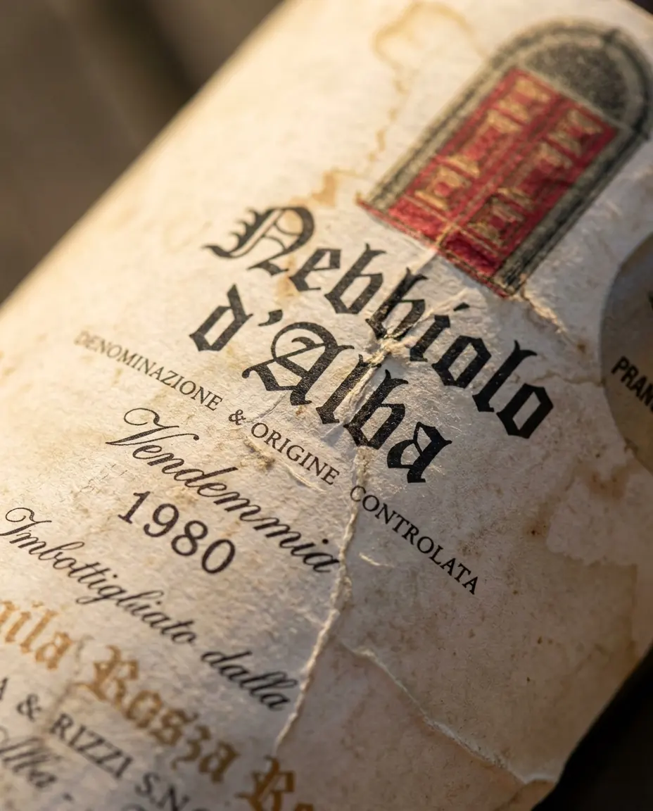 Close-up of a vintage Nebbiolo d’Alba wine label