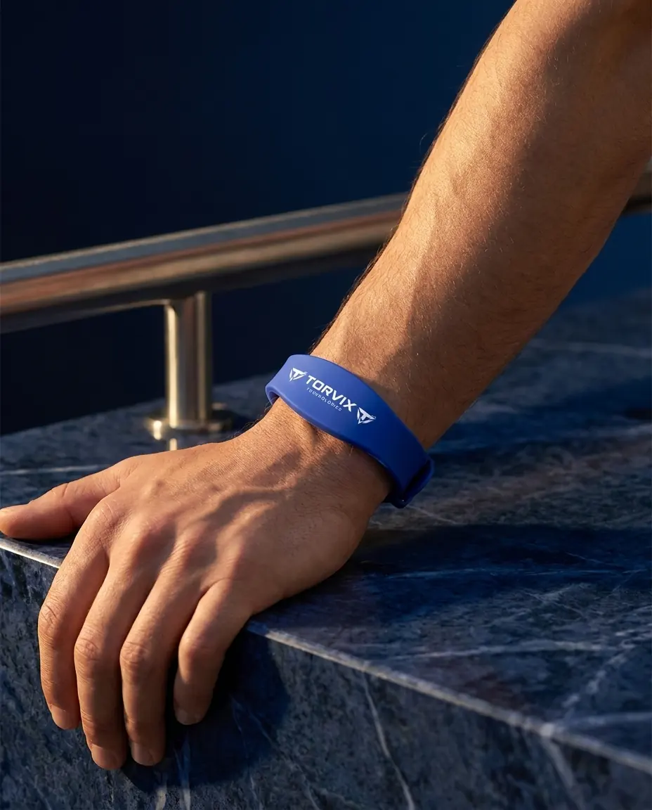 Blue NFC wristband worn beside a railing
