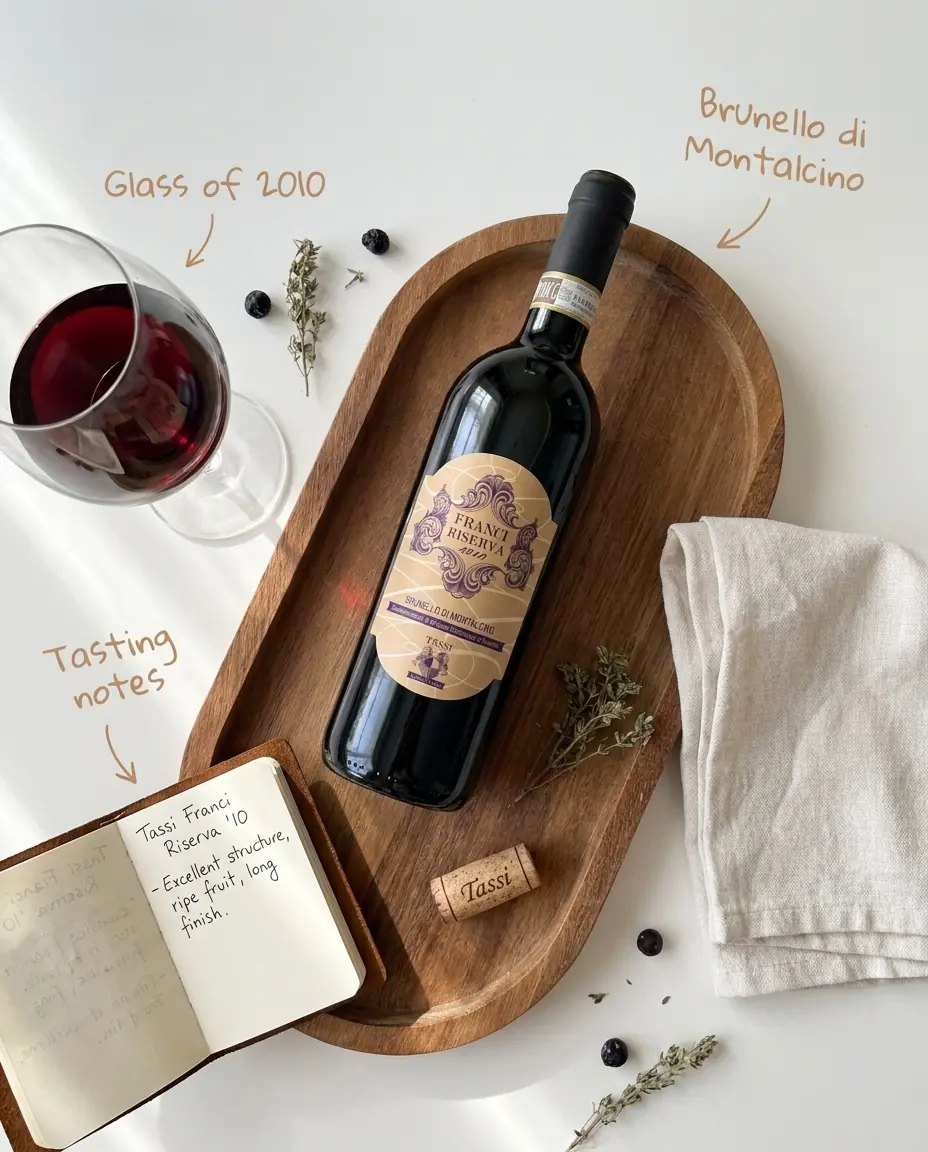 Brunello wine on a wooden board beside a glass and handwritten tasting notes